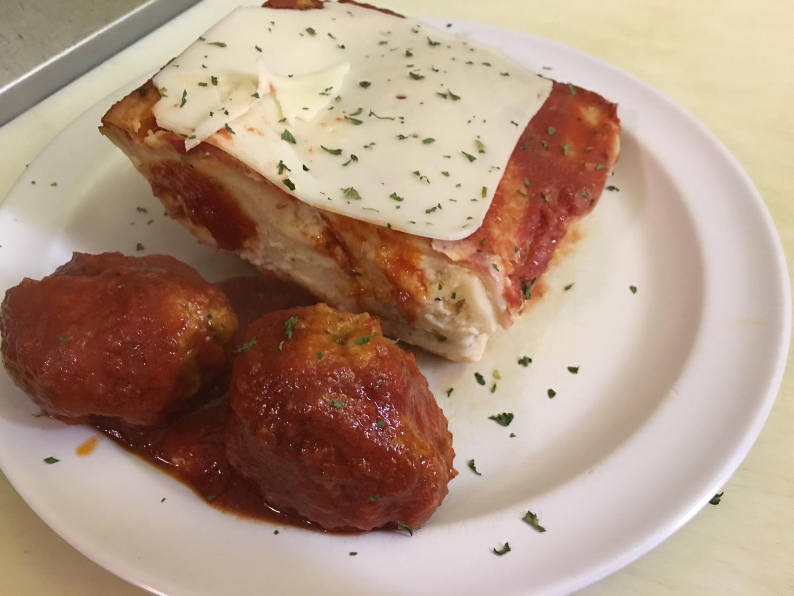 Luigis Pizza of Naples Scratch Made Cheese Lasagna with Meatballs on the side